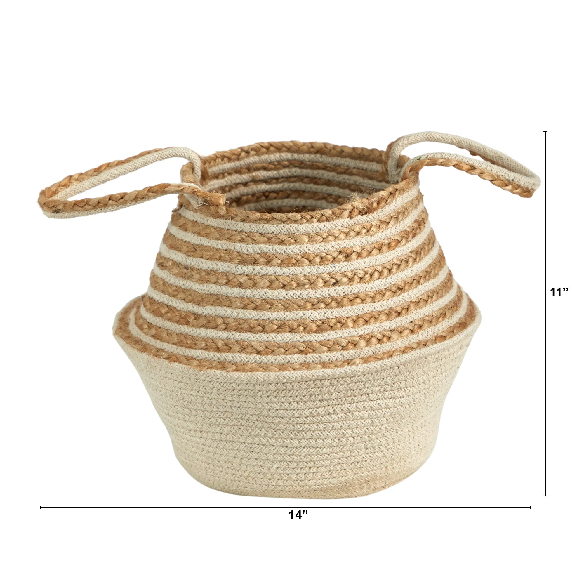 14" Boho Chic Belly Basket Natural Jute and Cotton Stripped