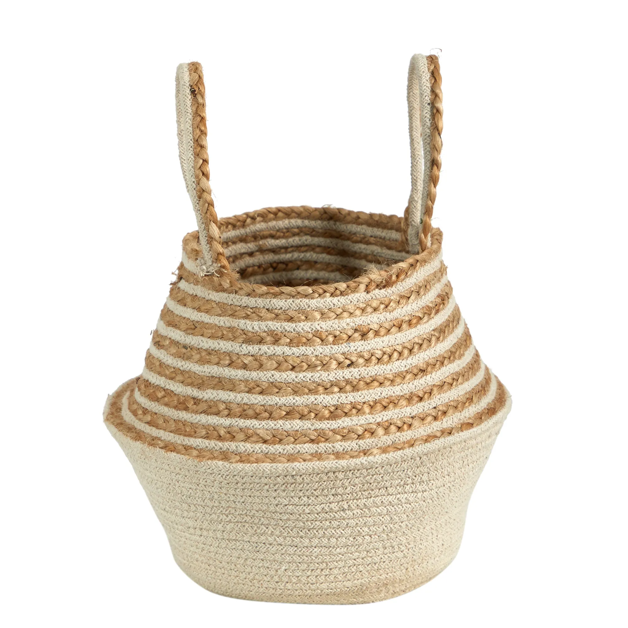 14" Boho Chic Belly Basket Natural Jute and Cotton Stripped