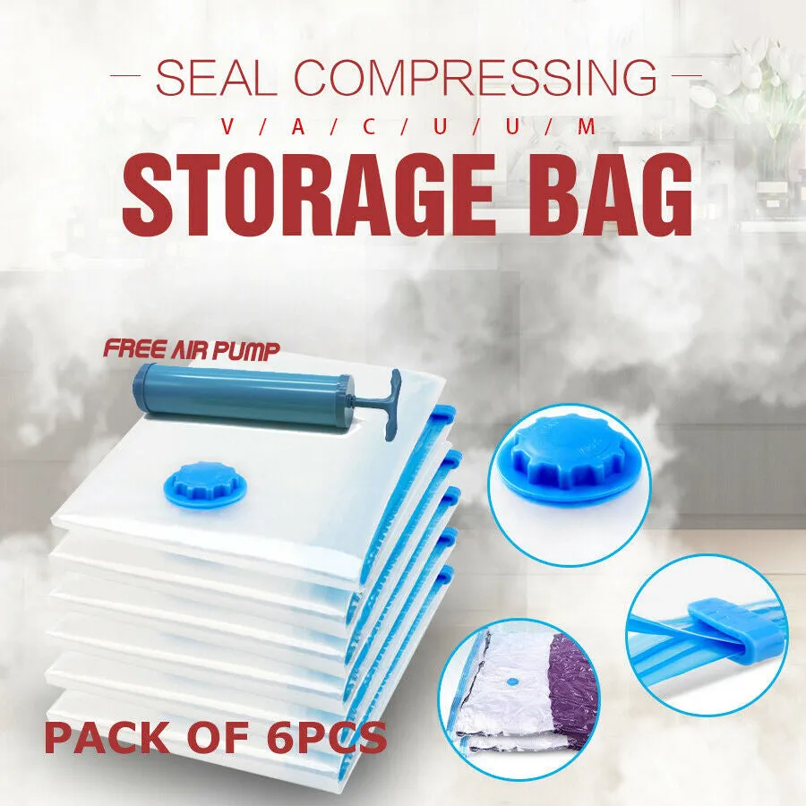 6 Pcs Set Vacuum Storage Bags | Space Saver Seal Compressing with Air Pump