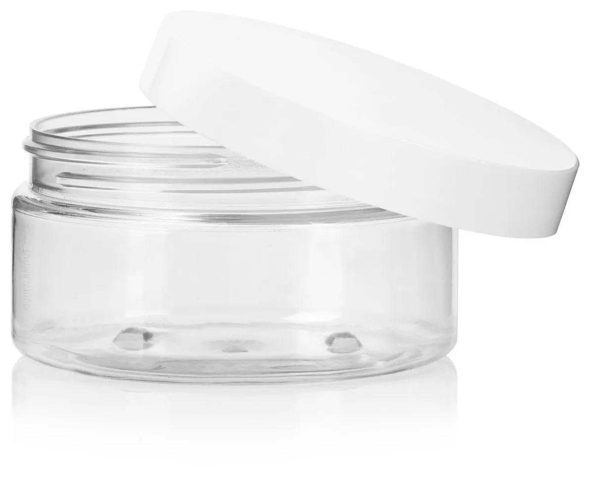8 oz Clear Plastic Low Profile Jar with White Foam Lined Lid (12 Pack)