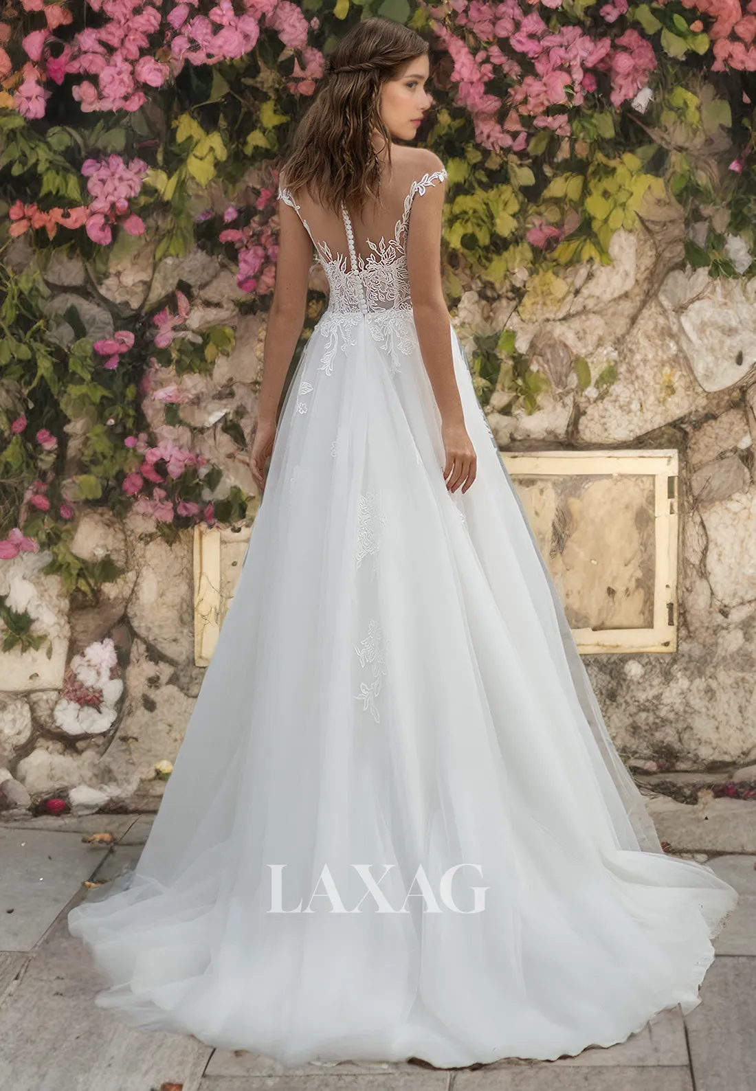 A-Linie Cap Sleeves Scoop Lace Tulle Elegant Wedding Dress with Train