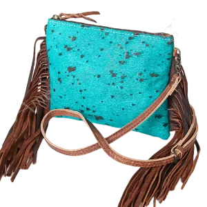 American Darling Black &Turquoise Cowhide W/Fringe Purse ADBG109TRQ2FRNG