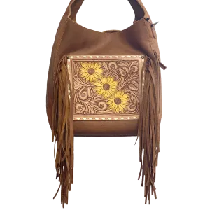 American Darling Brown Leather Sunflower With Fringe Purse ADBG622A