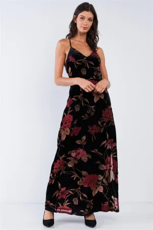 Black Velvet Multi Color Floral Print V-Neck Criss-Cross Back Straps Maxi Dress /1-2-1-1