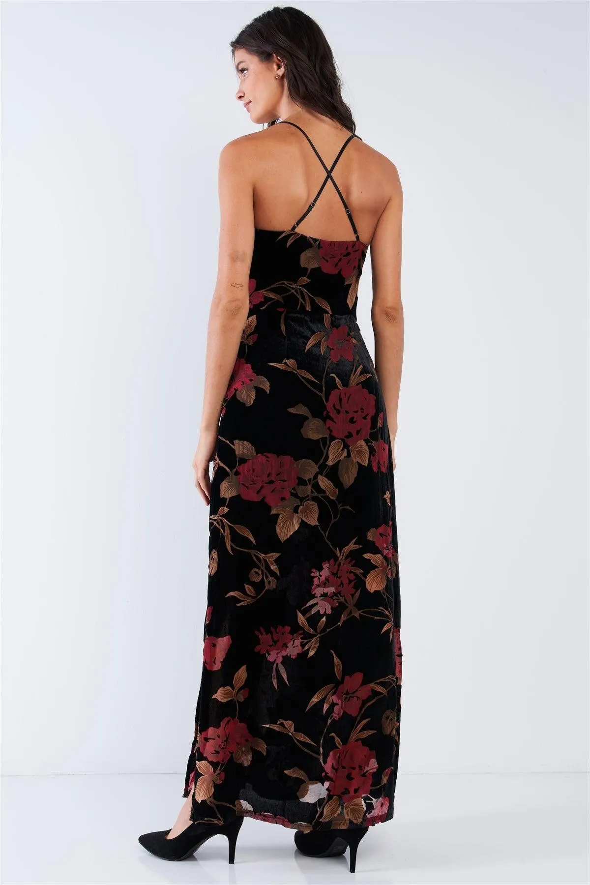 Black Velvet Multi Color Floral Print V-Neck Criss-Cross Back Straps Maxi Dress /1-2-1-1