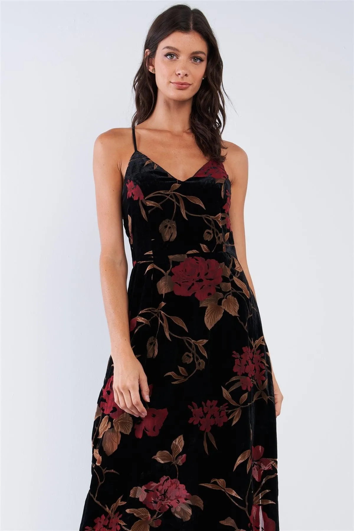 Black Velvet Multi Color Floral Print V-Neck Criss-Cross Back Straps Maxi Dress /1-2-1-1