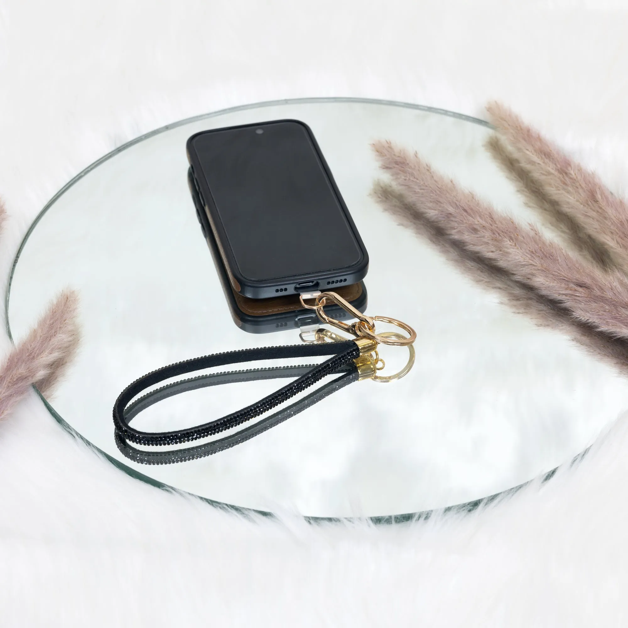 Black Wristlet Soft Gemmed Phone Wrist Strap
