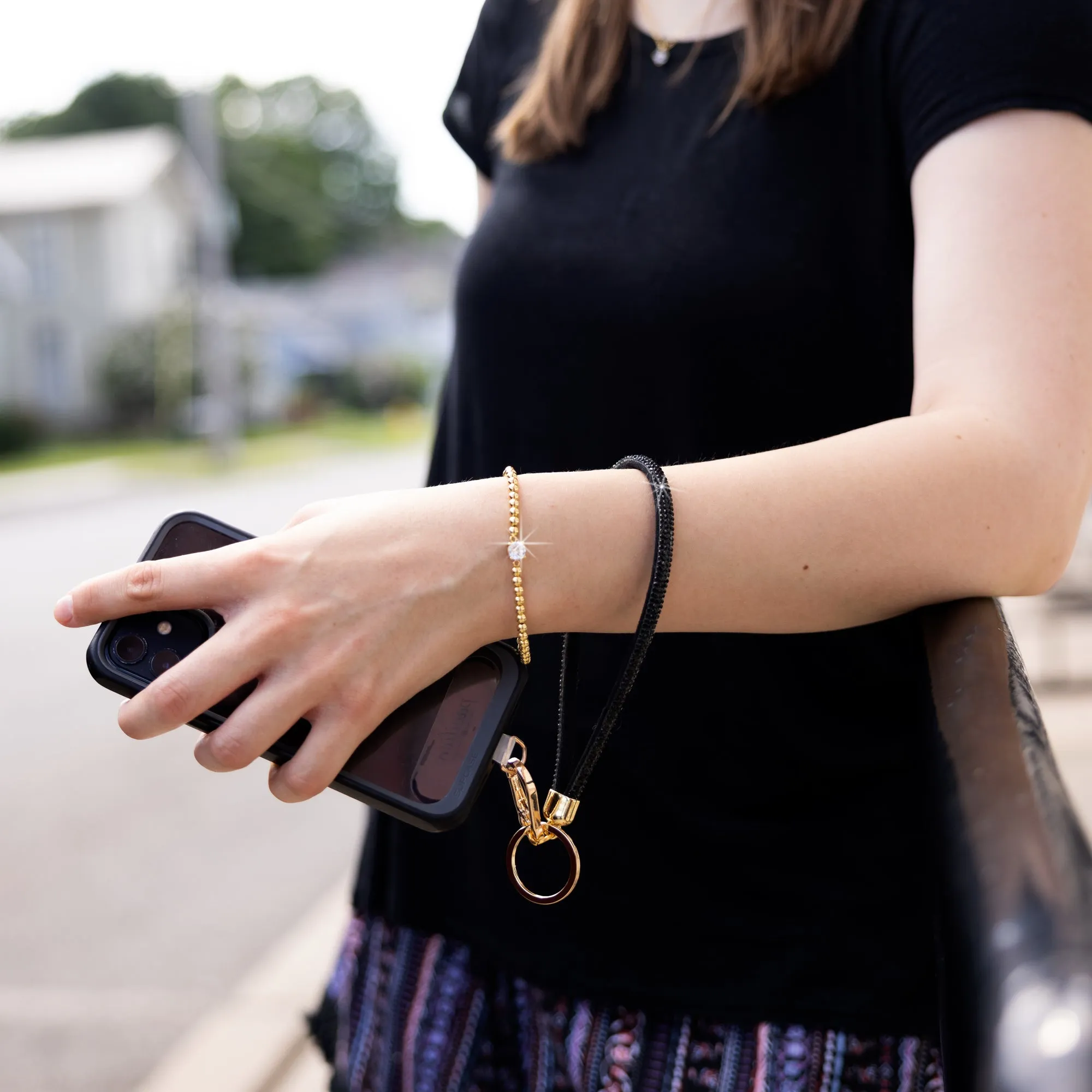 Black Wristlet Soft Gemmed Phone Wrist Strap