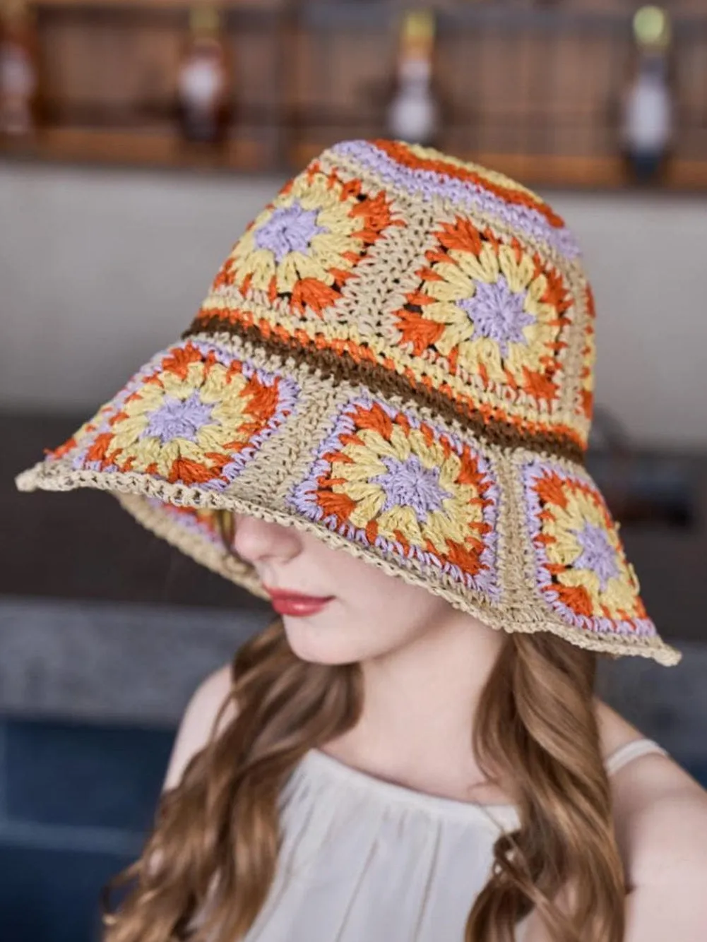 Bohemian Beige Crochet Bucket Hat with Wide Brim and Floral Accent