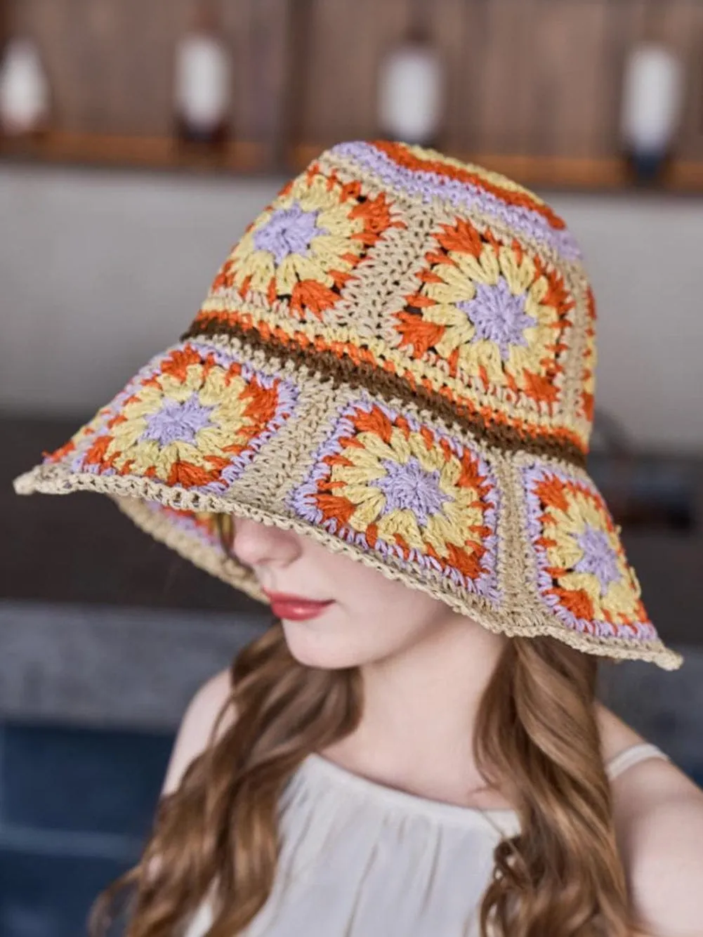 Bohemian Beige Crochet Bucket Hat with Wide Brim and Floral Accent