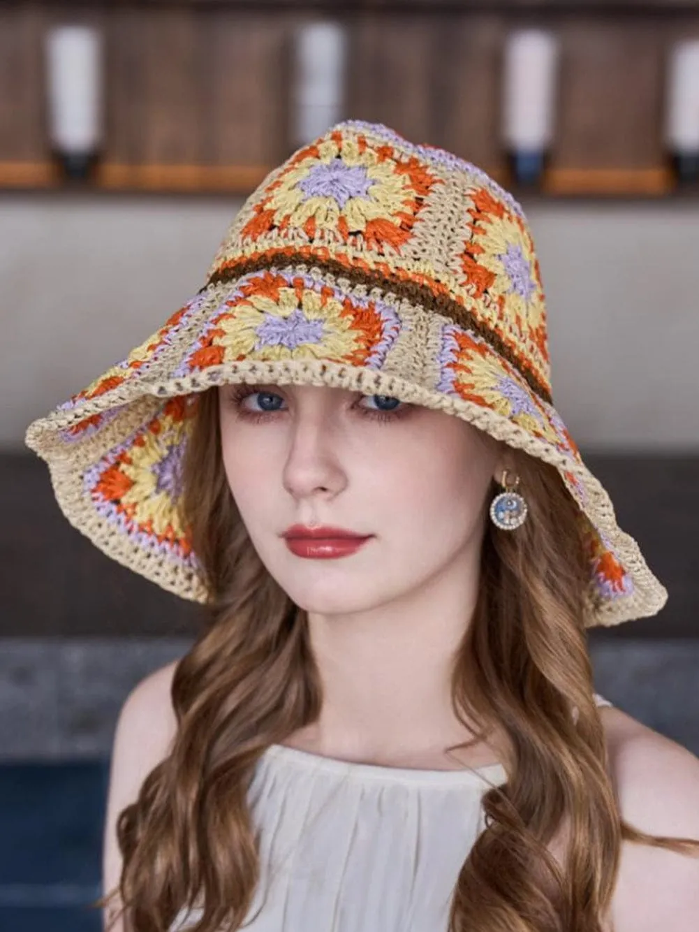 Bohemian Beige Crochet Bucket Hat with Wide Brim and Floral Accent