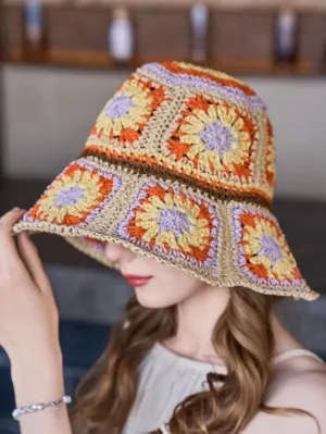 Bohemian Beige Crochet Bucket Hat with Wide Brim and Floral Accent