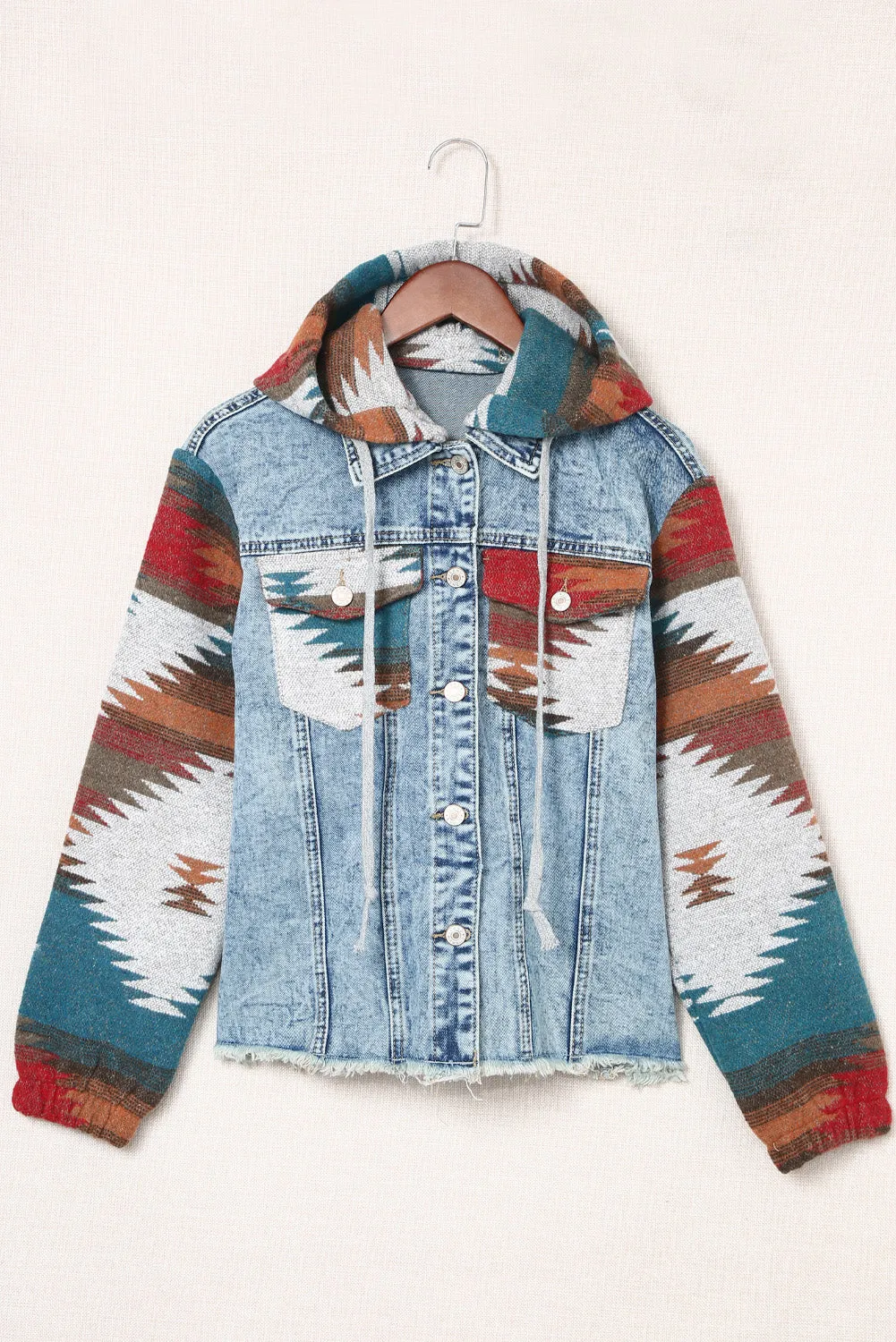 Boho Chic Aztec Print Hooded Denim Jacket