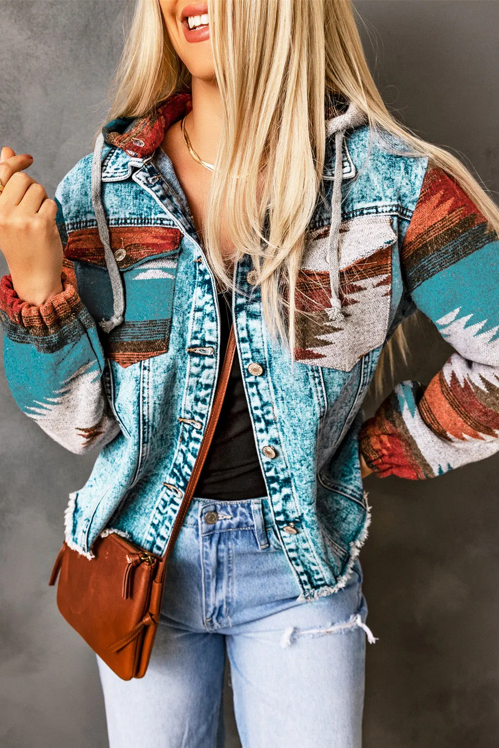 Boho Chic Aztec Print Hooded Denim Jacket