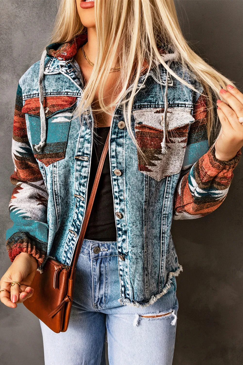 Boho Chic Aztec Print Hooded Denim Jacket