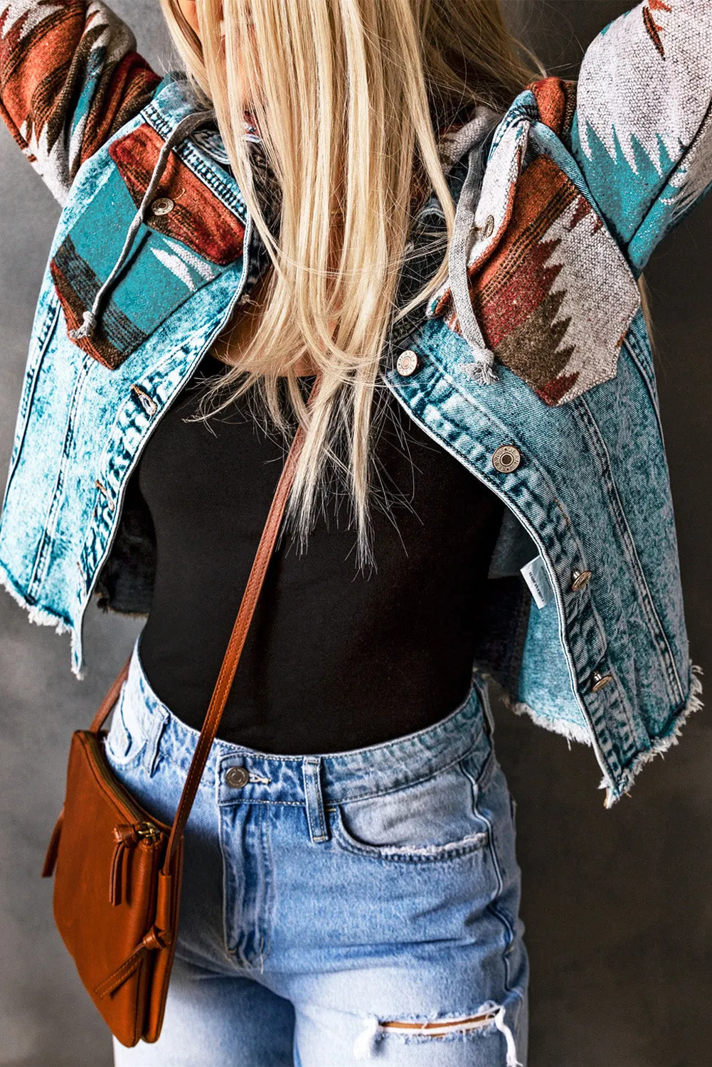 Boho Chic Aztec Print Hooded Denim Jacket