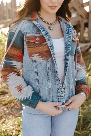 Boho Chic Aztec Print Hooded Denim Jacket