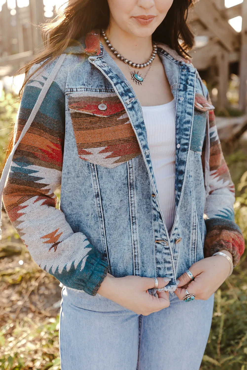 Boho Chic Aztec Print Hooded Denim Jacket