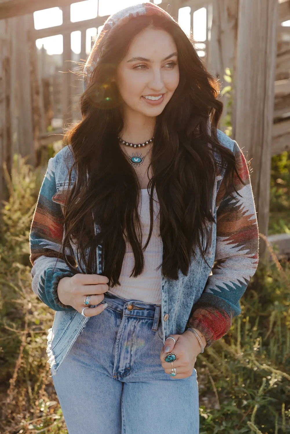 Boho Chic Aztec Print Hooded Denim Jacket