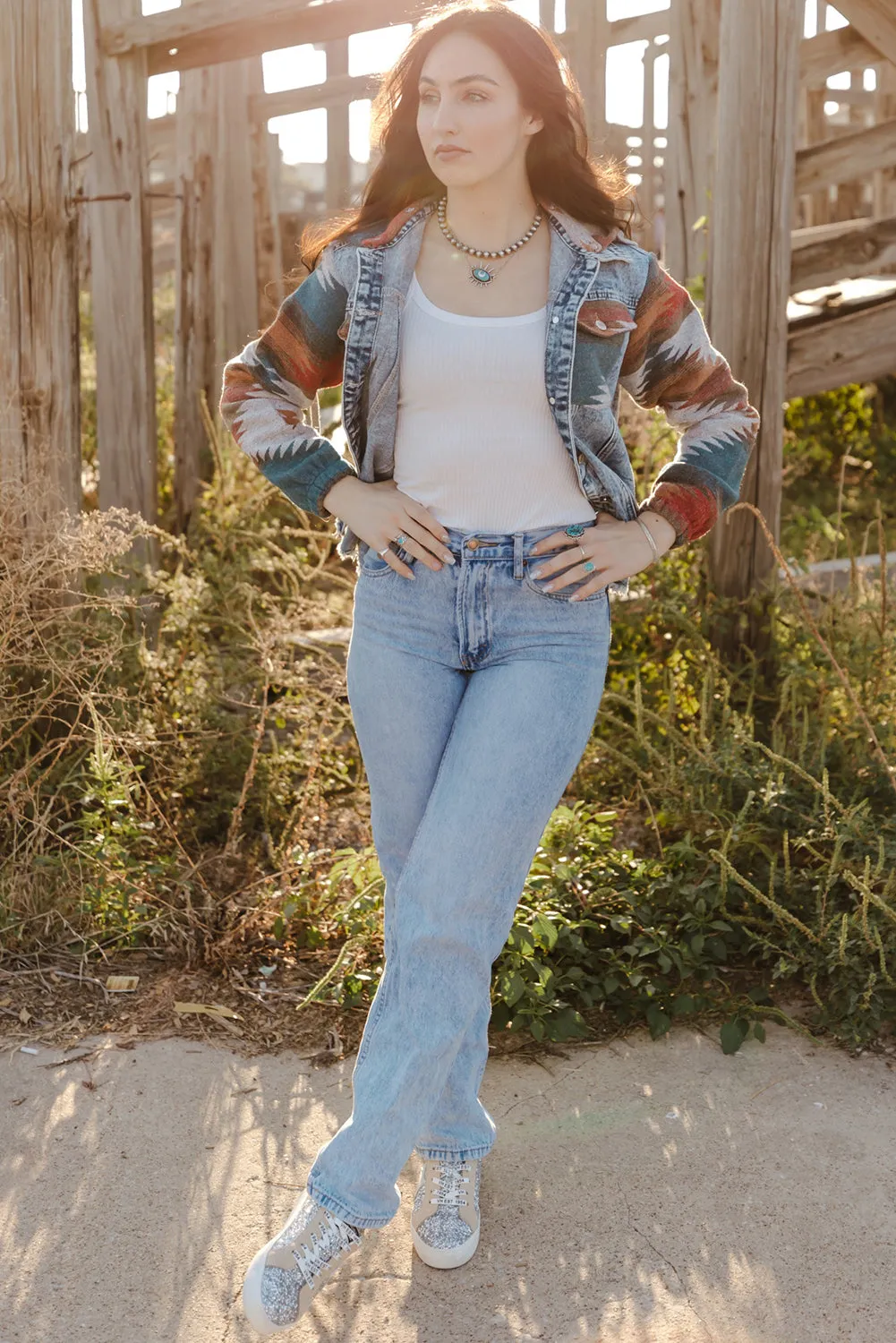 Boho Chic Aztec Print Hooded Denim Jacket