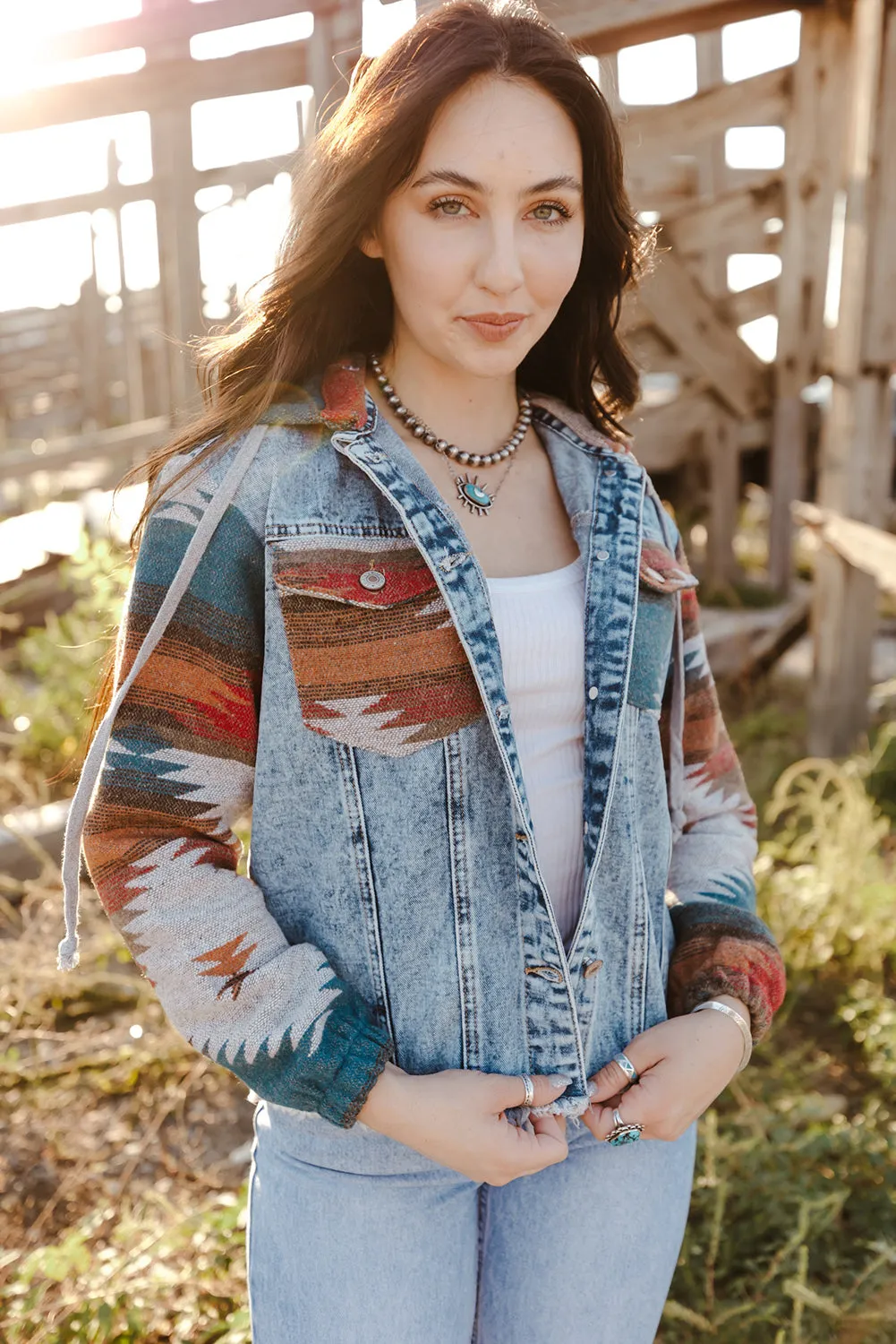 Boho Chic Aztec Print Hooded Denim Jacket