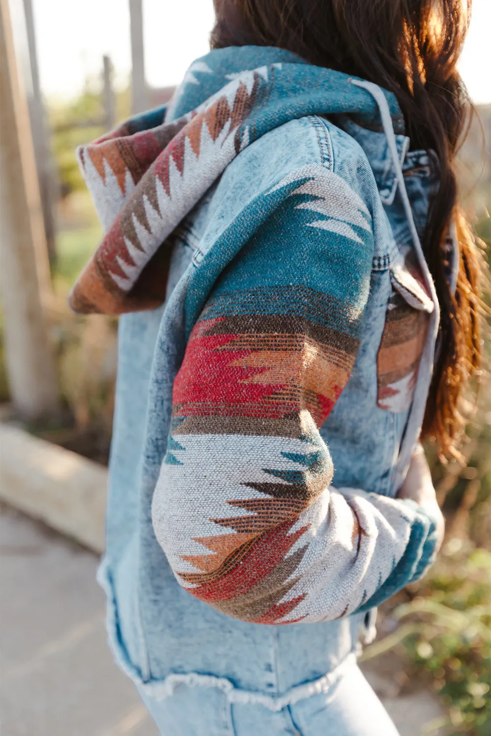 Boho Chic Aztec Print Hooded Denim Jacket