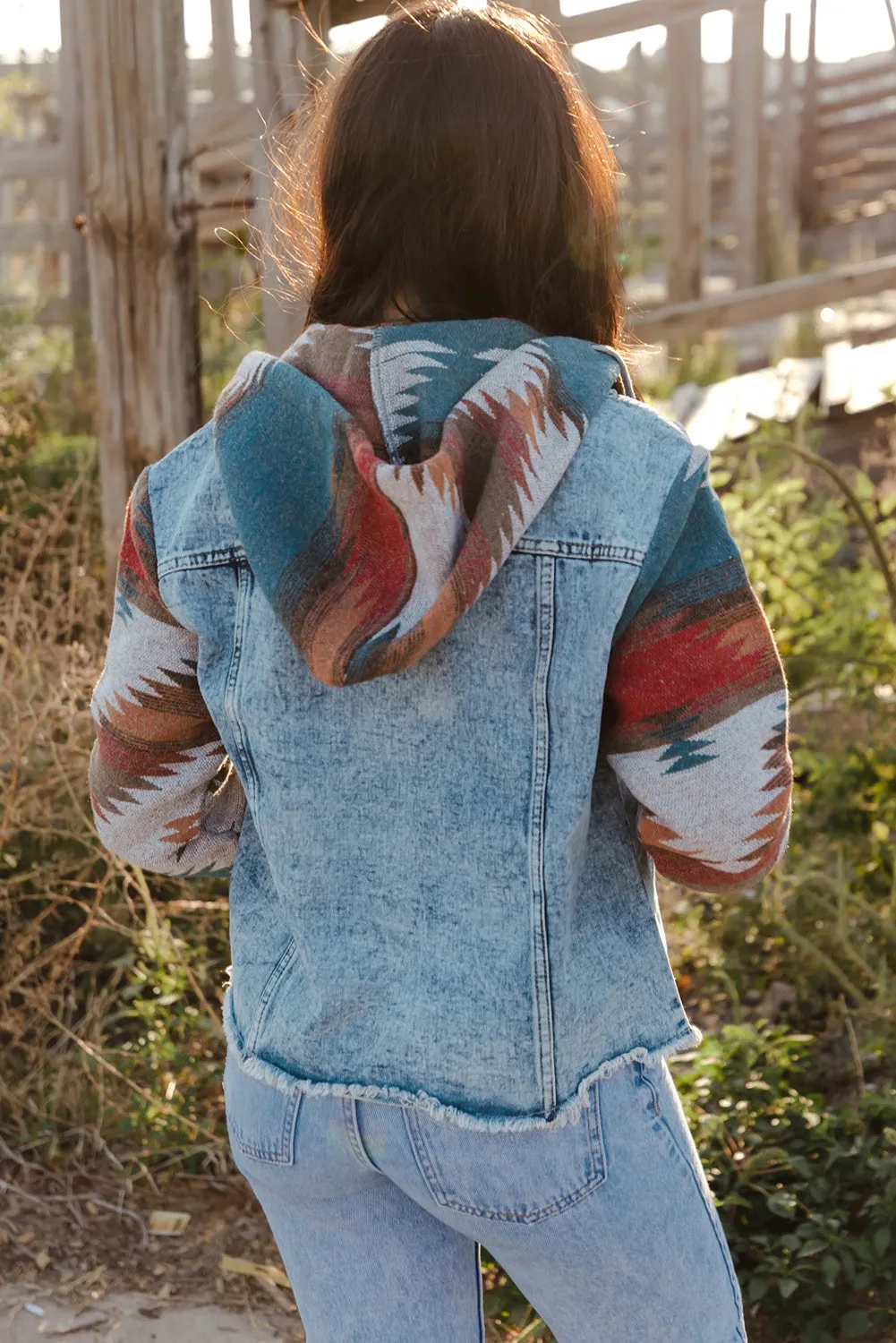 Boho Chic Aztec Print Hooded Denim Jacket