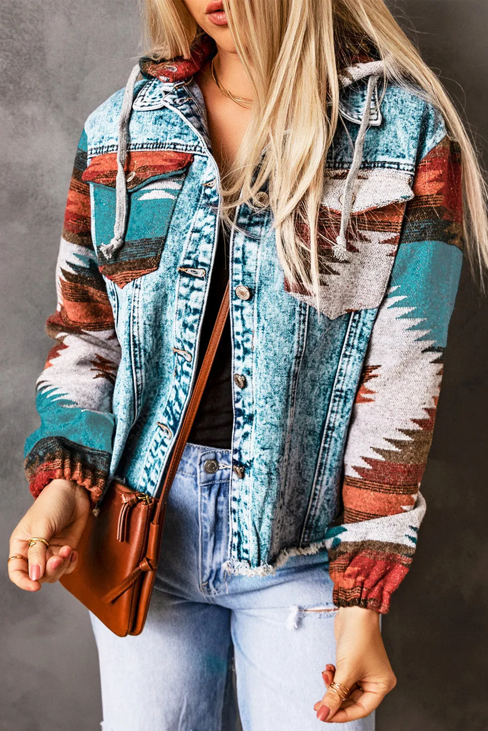 Boho Chic Aztec Print Hooded Denim Jacket