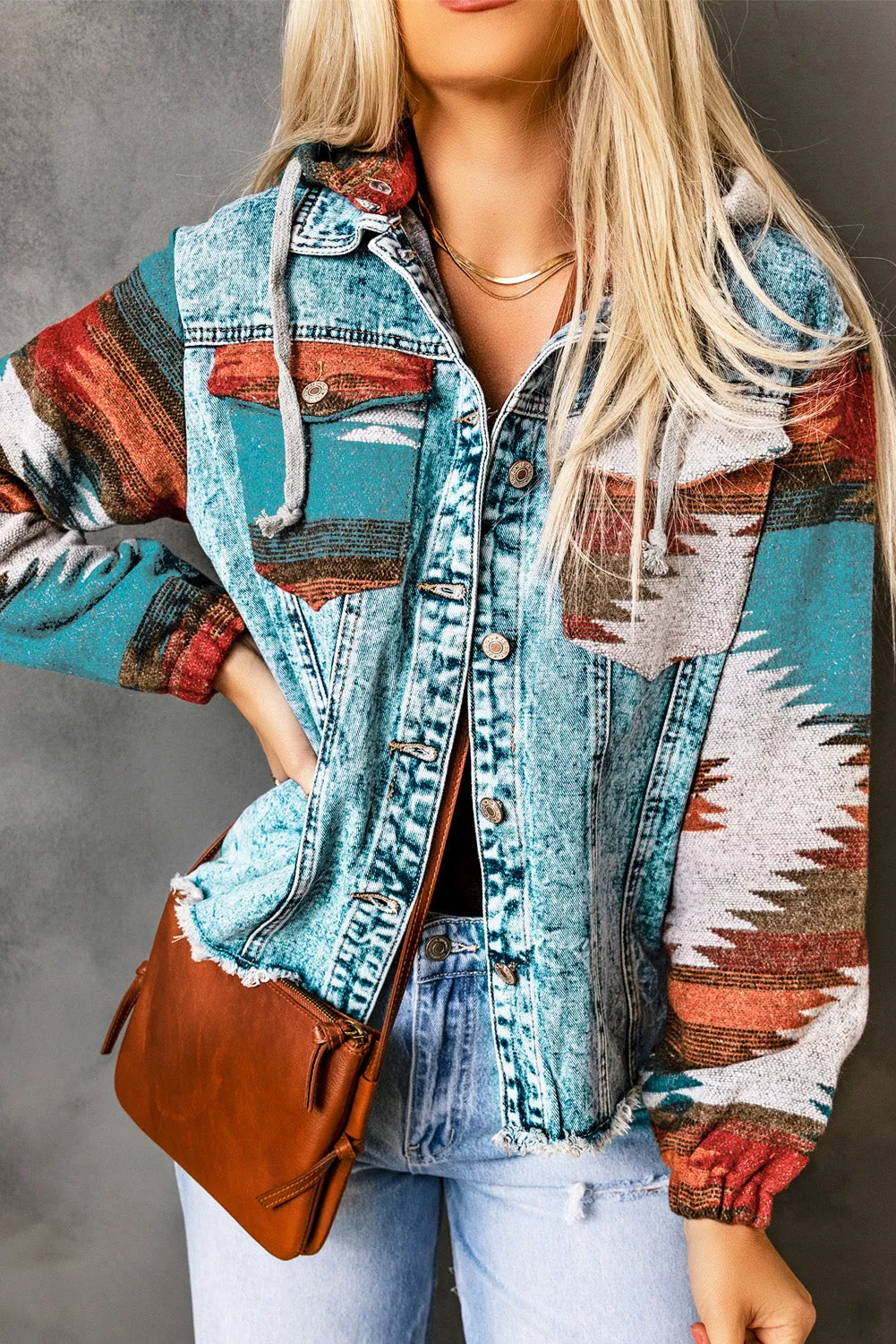 Boho Chic Aztec Print Hooded Denim Jacket