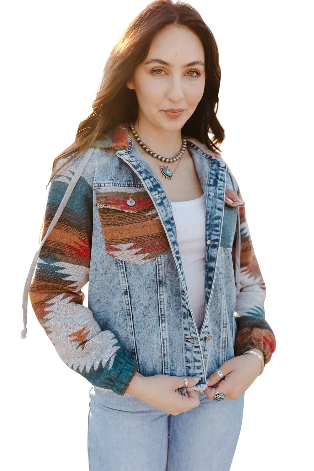 Boho Chic Aztec Print Hooded Denim Jacket