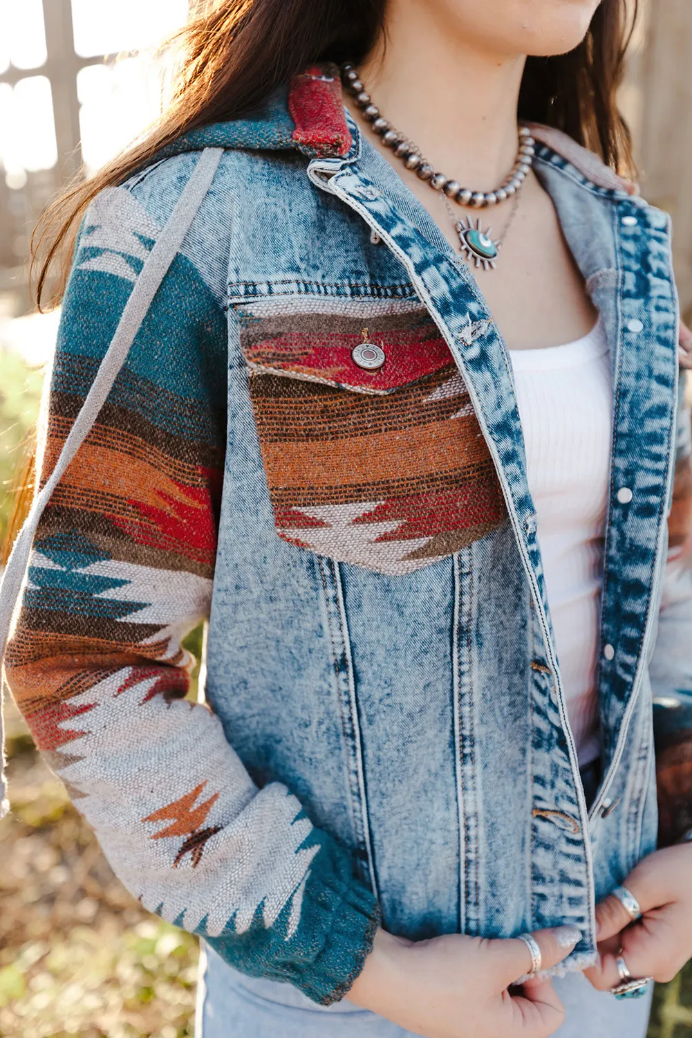 Boho Chic Aztec Print Hooded Denim Jacket
