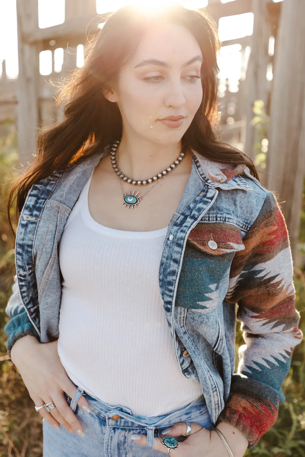 Boho Chic Aztec Print Hooded Denim Jacket