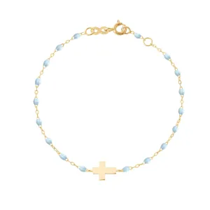 Child Cross Charm Classic Gigi Baby Blue bracelet, Yellow Gold, 5.9"