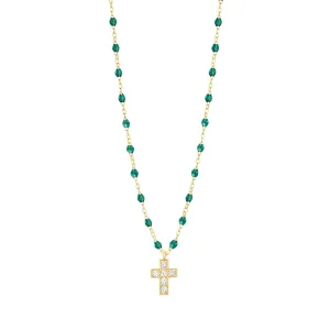 Cross Charm Classic Gigi Emerald diamond necklace, Yellow Gold, 16.5"