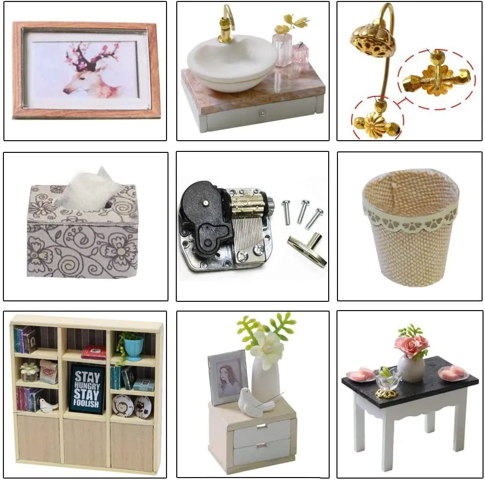 Dollhouse Miniature with Furniture Kit Plus Dust Proof and Music Movement - Valentine's Day Gift Idea