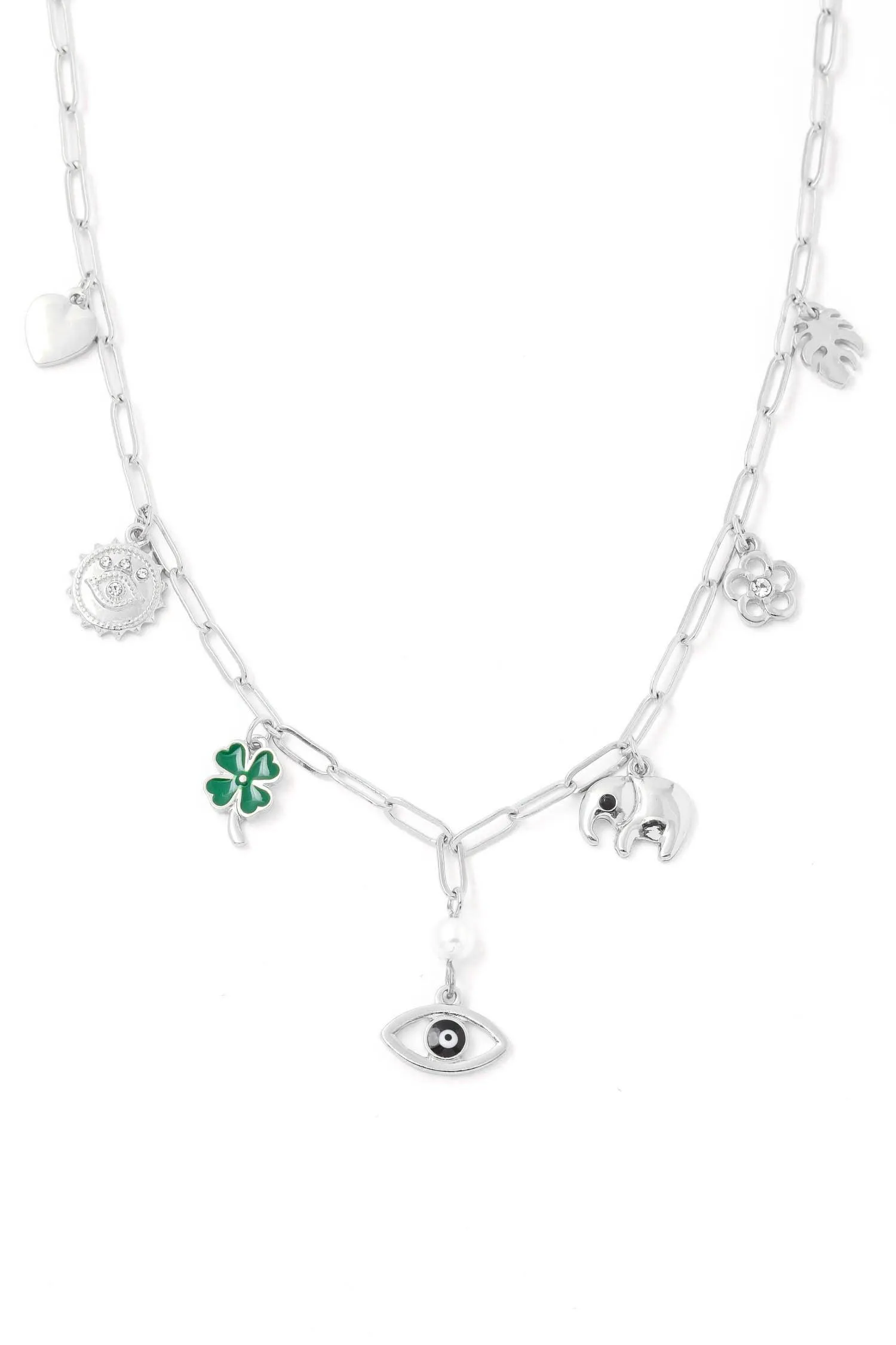 Evil Eye Clover Leaf Elephant Luck Charms Necklace