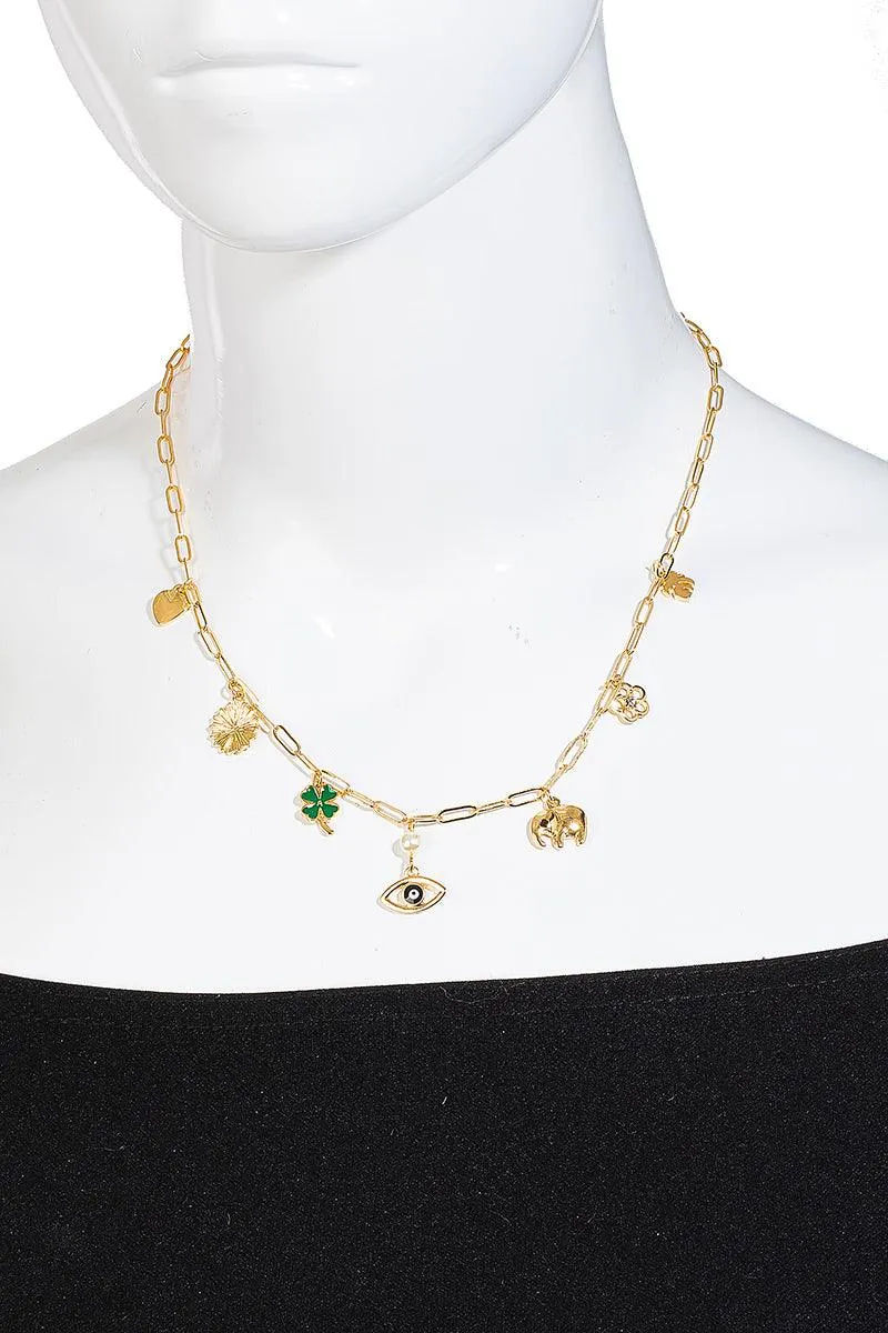 Evil Eye Clover Leaf Elephant Luck Charms Necklace