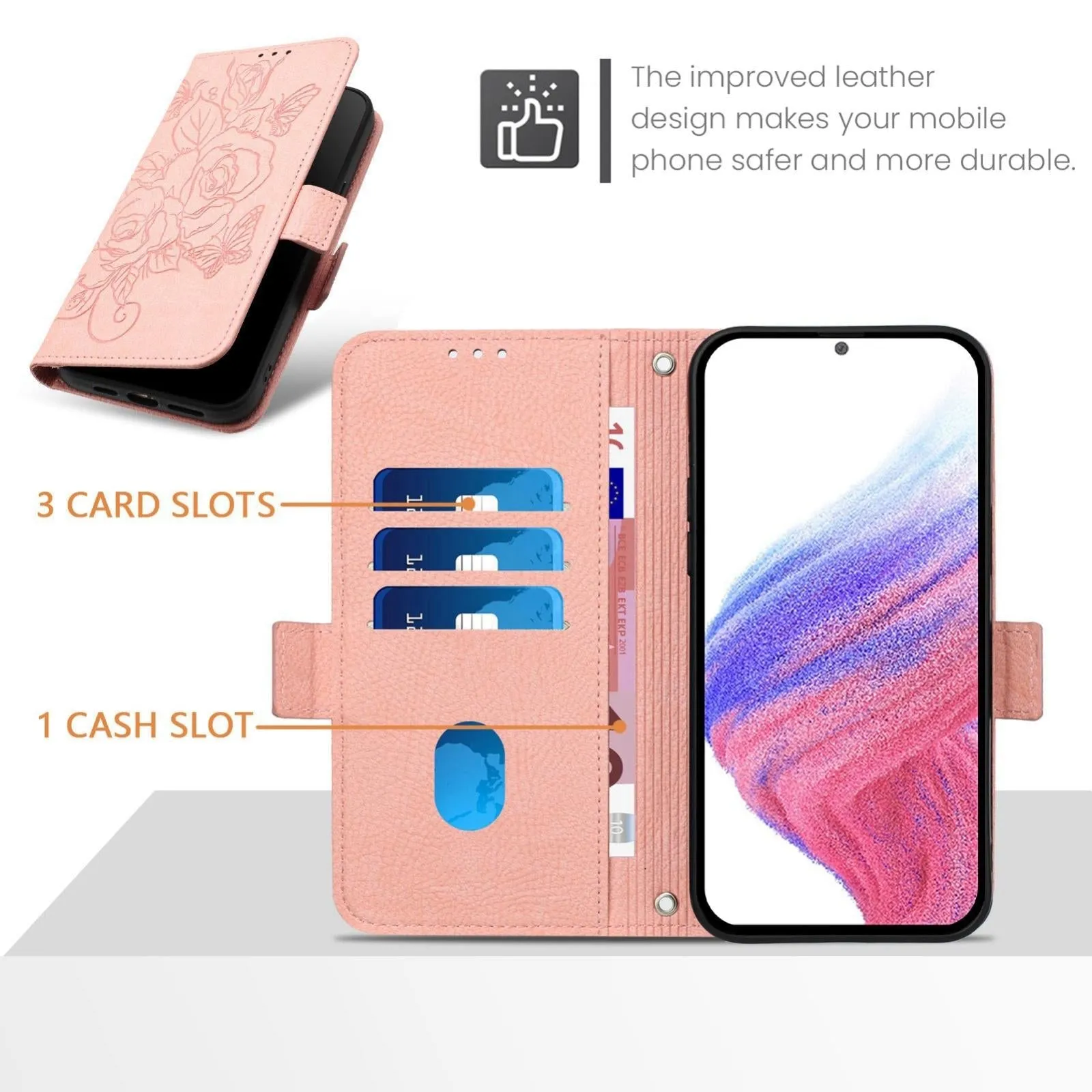 For Iphone 15 Embossed Rose Rfid Anti-Theft Leather Phone Case