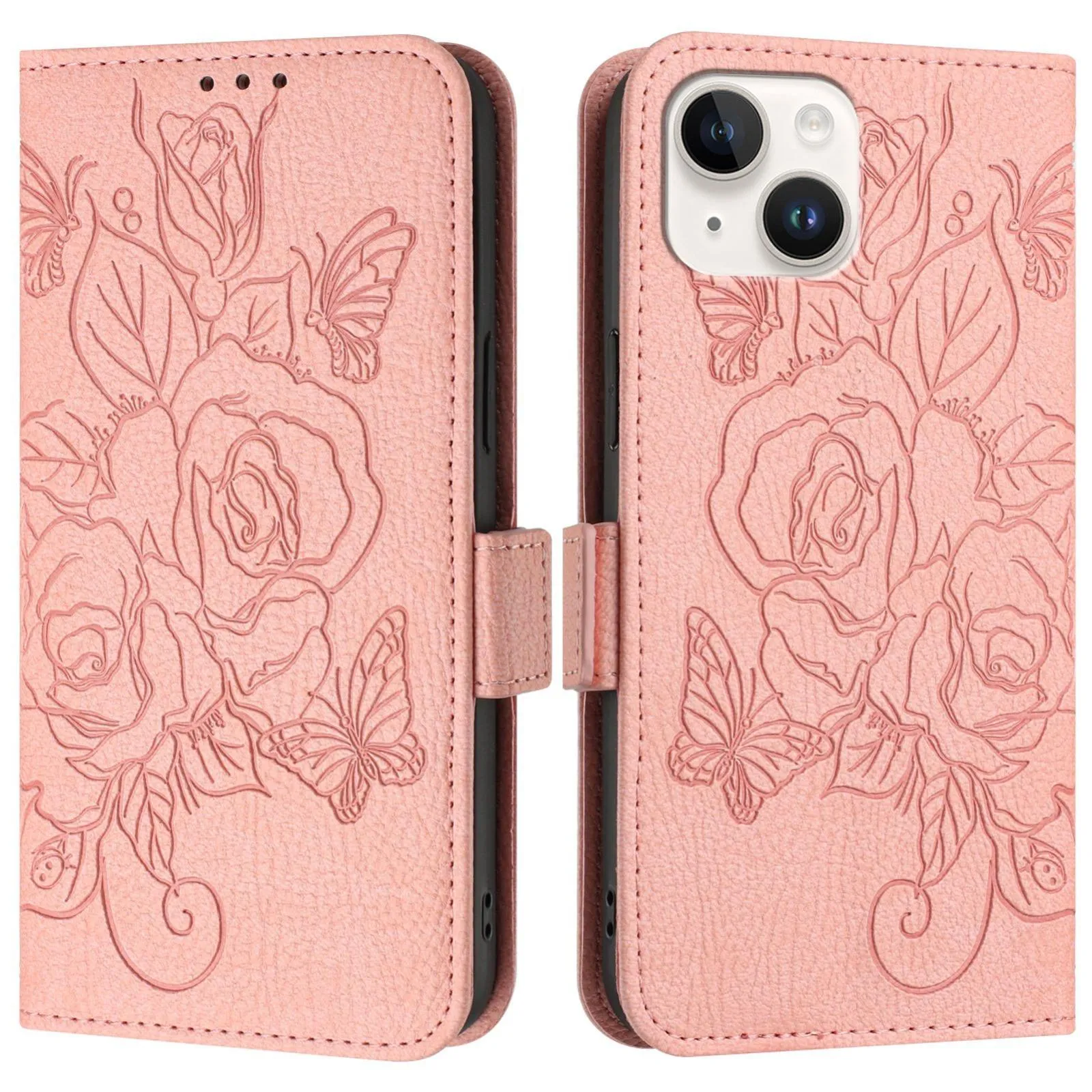 For Iphone 15 Embossed Rose Rfid Anti-Theft Leather Phone Case