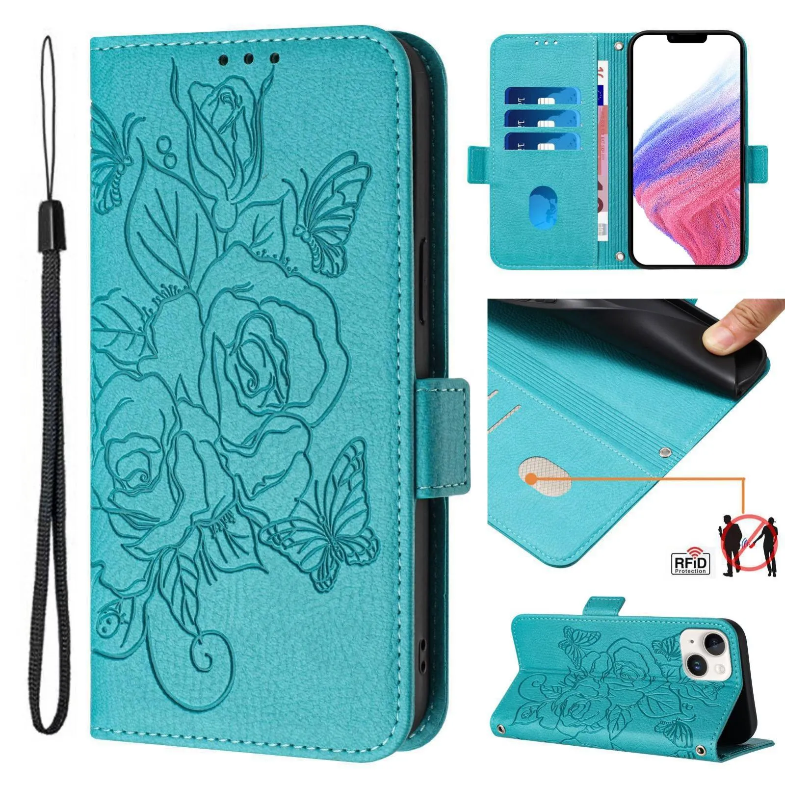 For Iphone 15 Embossed Rose Rfid Anti-Theft Leather Phone Case