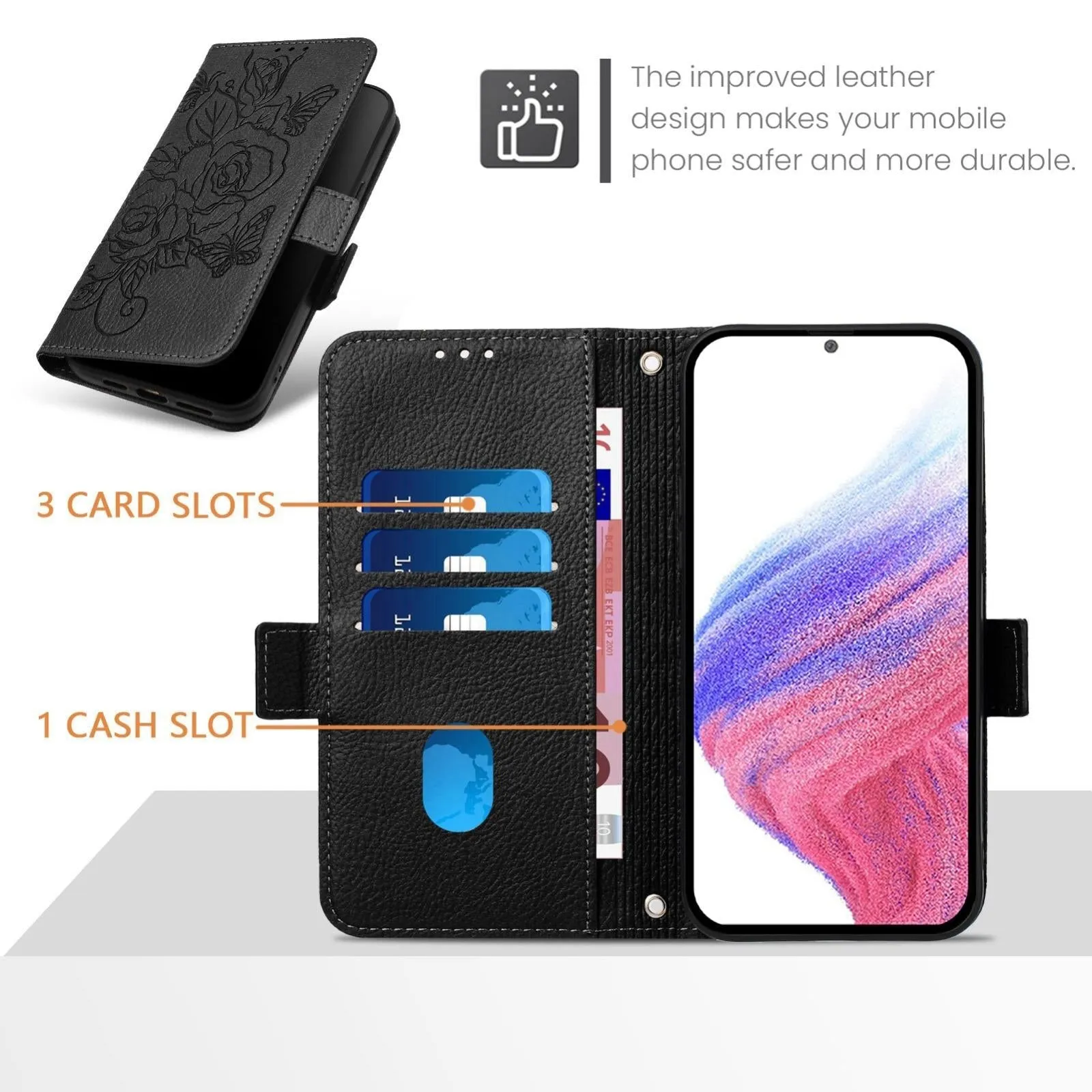 For Iphone 15 Embossed Rose Rfid Anti-Theft Leather Phone Case
