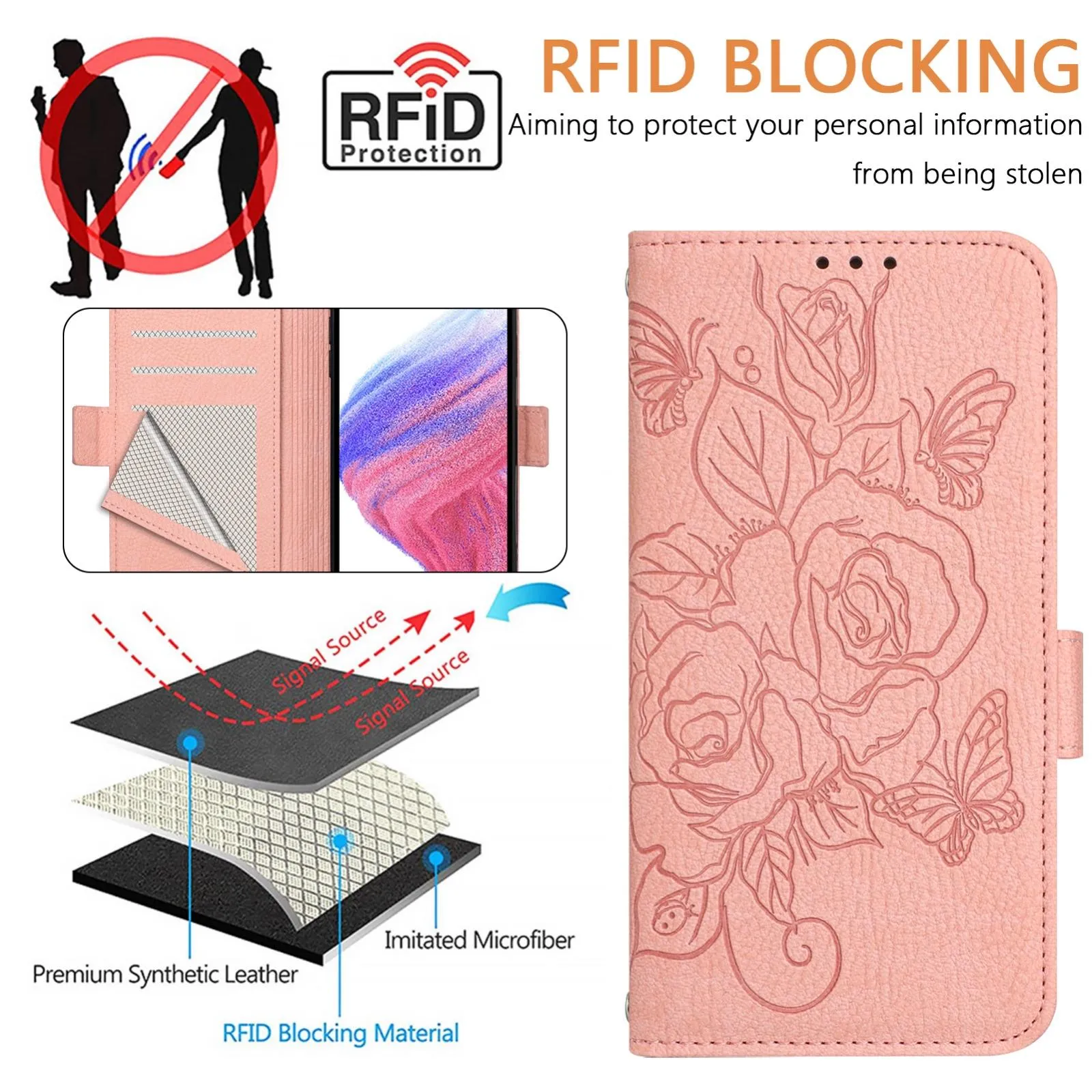 For Iphone 15 Embossed Rose Rfid Anti-Theft Leather Phone Case