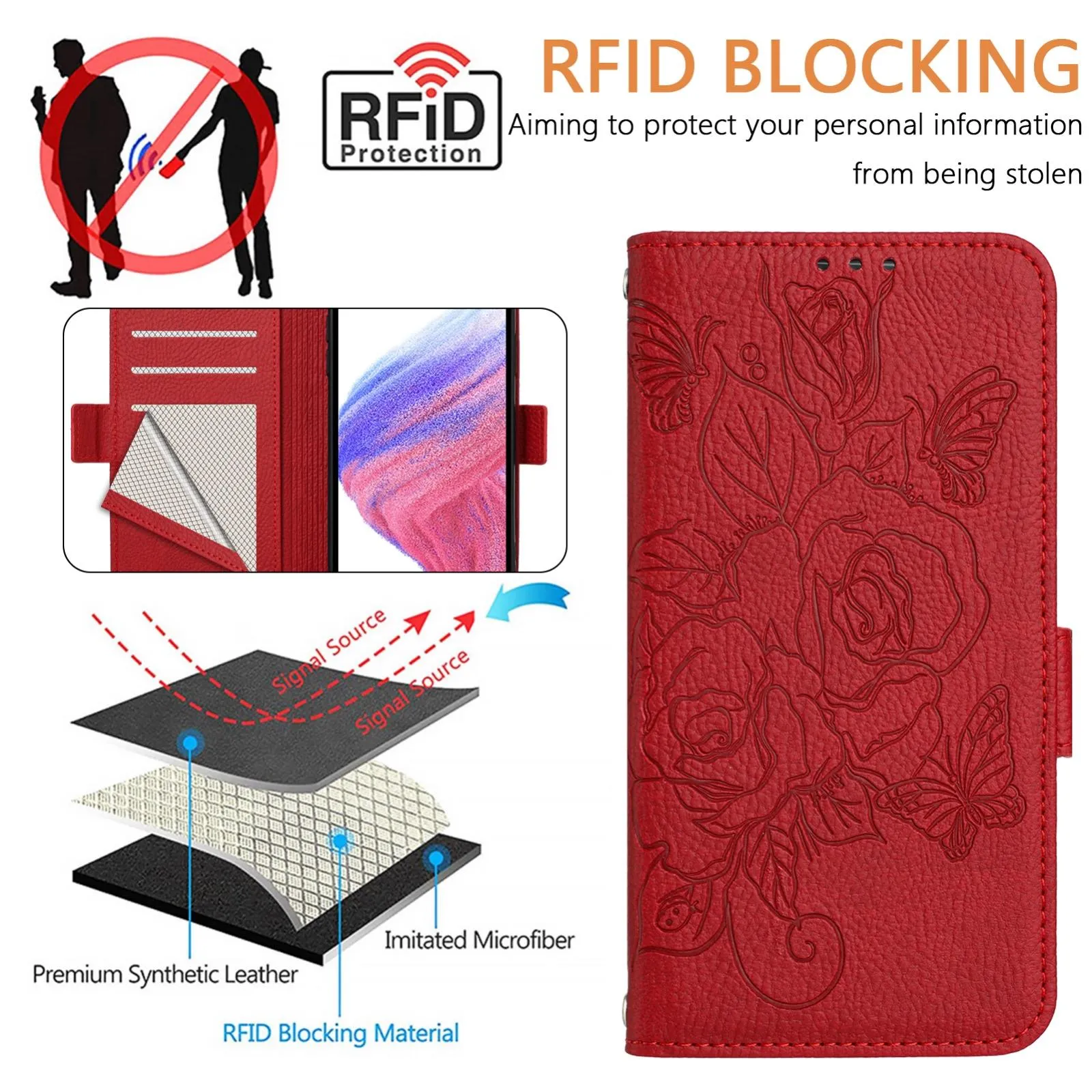 For Iphone 15 Embossed Rose Rfid Anti-Theft Leather Phone Case