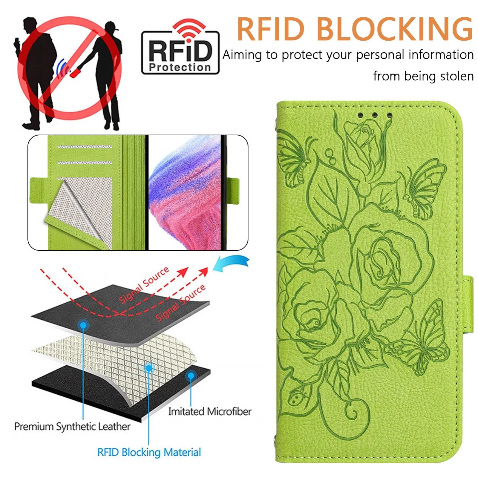 For Iphone 15 Embossed Rose Rfid Anti-Theft Leather Phone Case