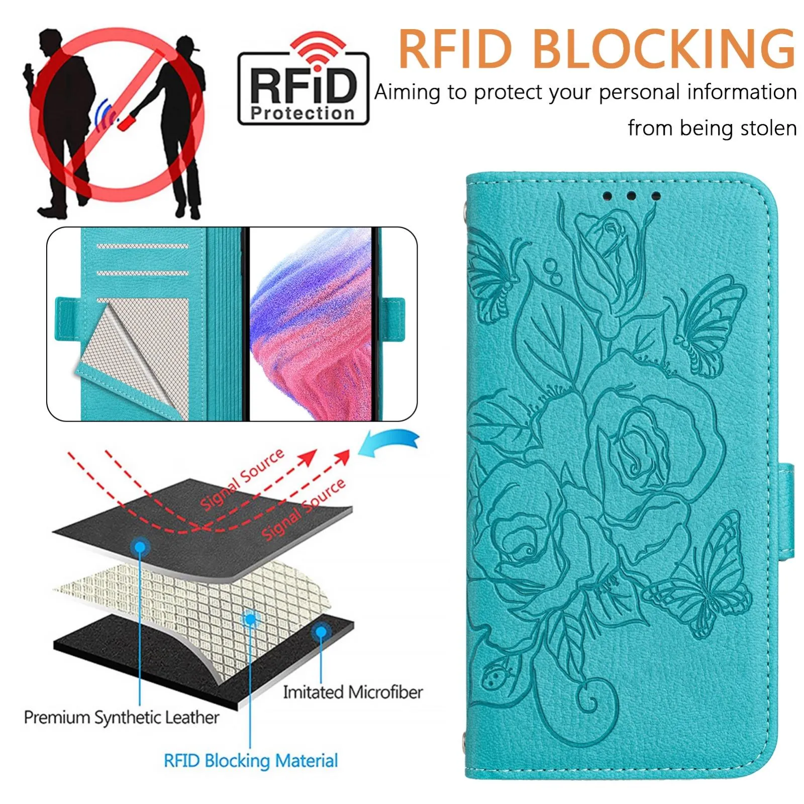 For Iphone 15 Embossed Rose Rfid Anti-Theft Leather Phone Case
