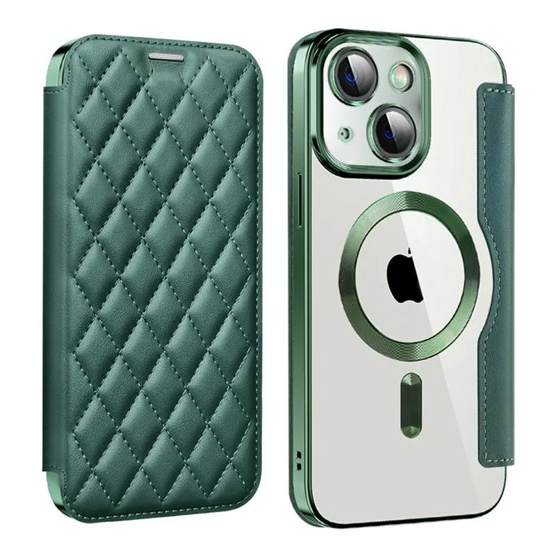 For Iphone 15 Shield Magsafe Rfid Anti-Theft Rhombus Leather Phone Case