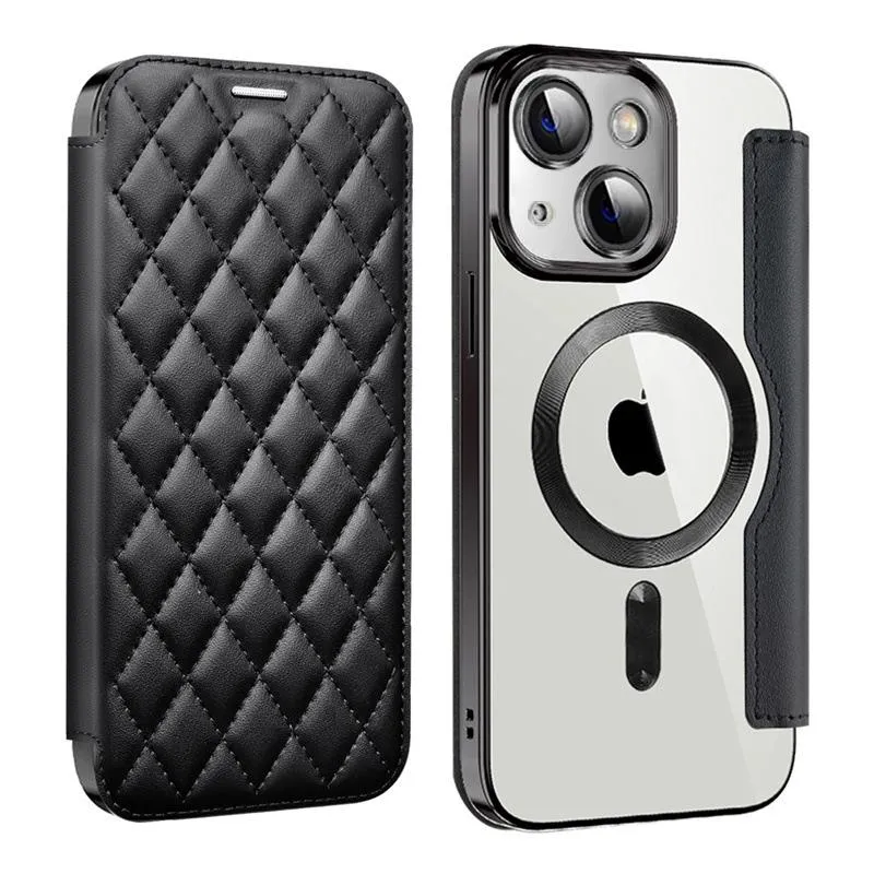 For Iphone 15 Shield Magsafe Rfid Anti-Theft Rhombus Leather Phone Case