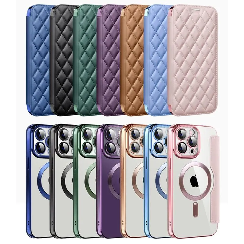For Iphone 15 Shield Magsafe Rfid Anti-Theft Rhombus Leather Phone Case