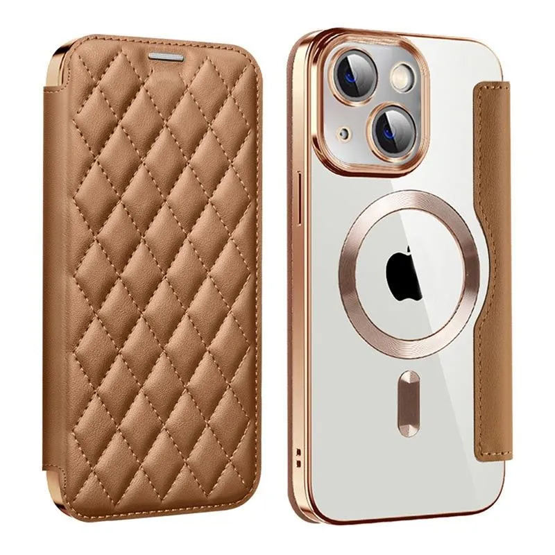 For Iphone 15 Shield Magsafe Rfid Anti-Theft Rhombus Leather Phone Case