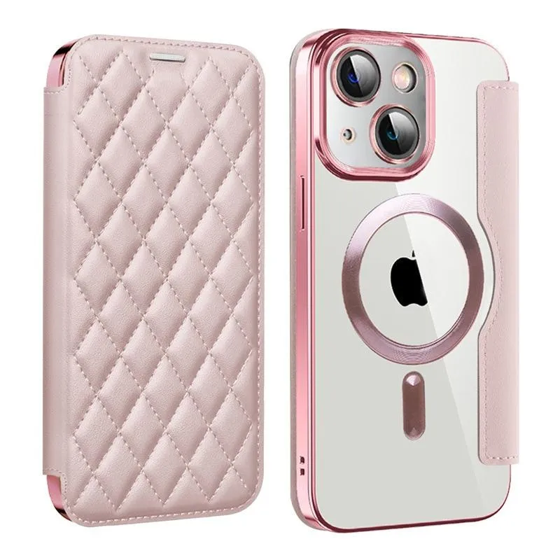 For Iphone 15 Shield Magsafe Rfid Anti-Theft Rhombus Leather Phone Case